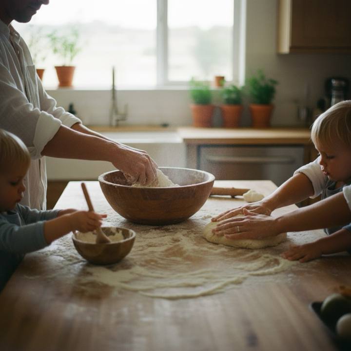 A parent and a small child kneading dough together at a kitchen table